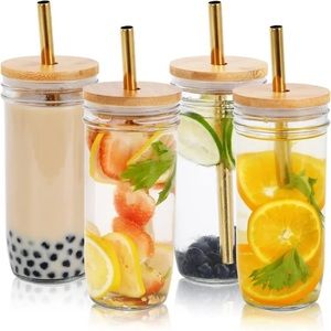 4pcs/set 21.3 Oz Glass Mason Jar with bamboo Lid, Straw, And Straw Brush